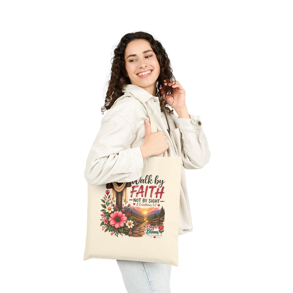 Walk by Faith, Not by Sight Christian Canvas Tote Bag | Pray & Bloom