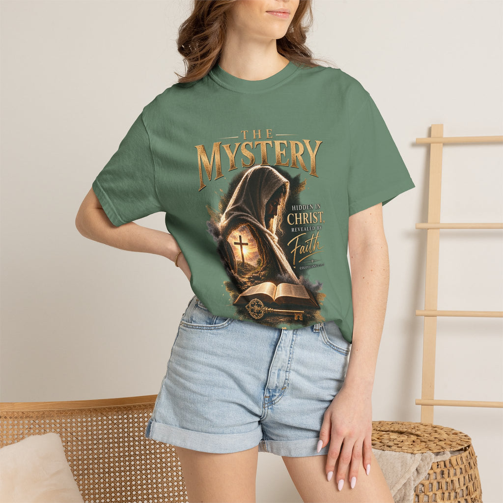 The Mystery - Hidden in Christ Revealed by Faith | Colossians 2:2-3 Christian T- Shirt | Pray & Bloom