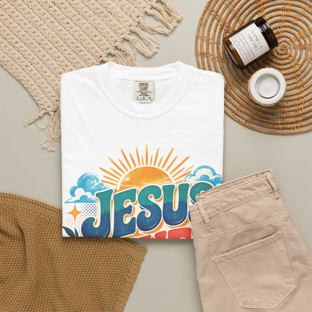 Jesus Saves Christian T-Shirt | Colorful Retro Faith Tee | Pray & Bloom