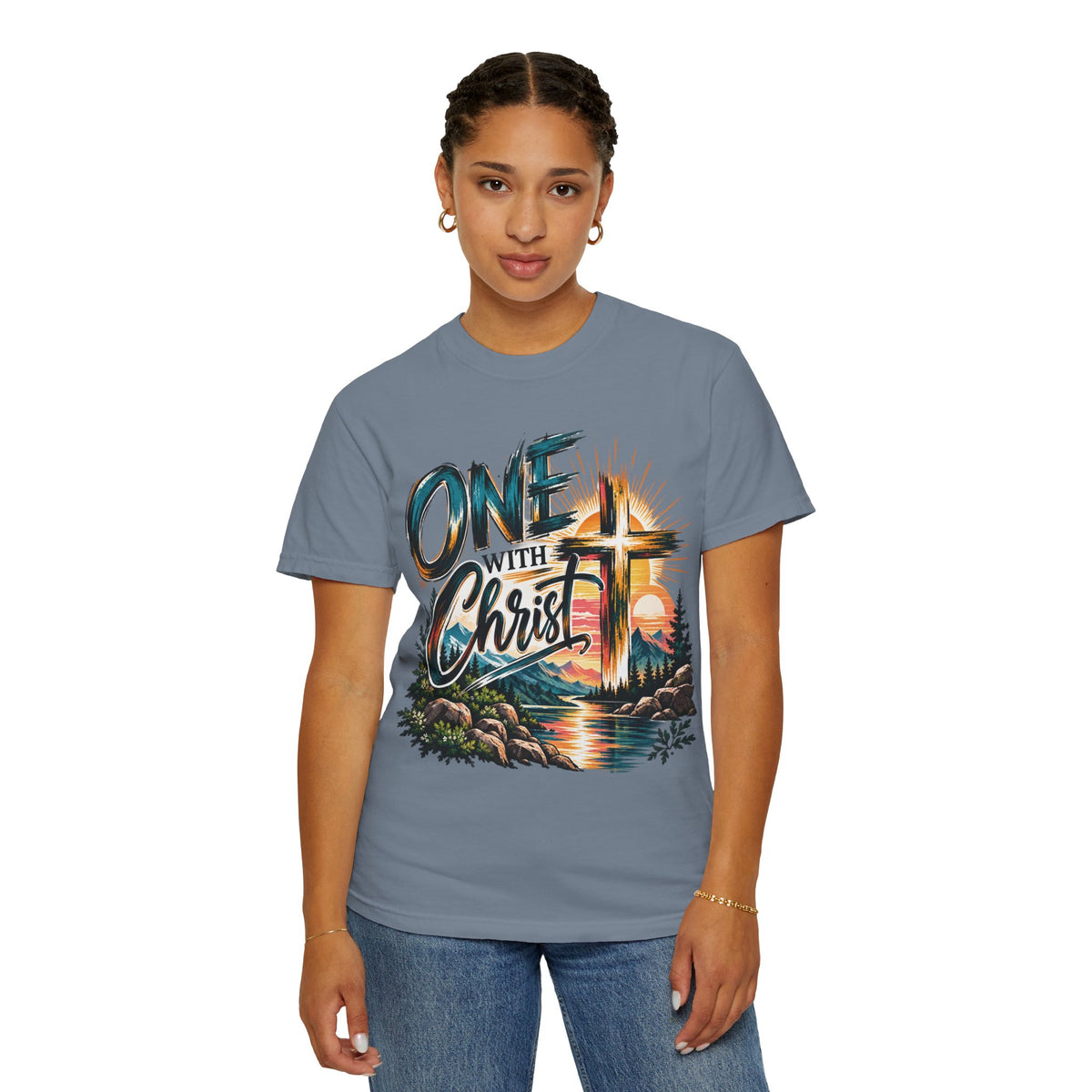 One With Christ Christian T-Shirt | Colorful Cross & Mountain Faith Tee | Pray & Bloom