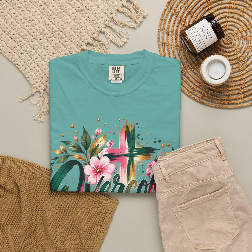 Overcomer Christian T-Shirt | Faith-Based Floral Cross Tee | Pray & Bloom