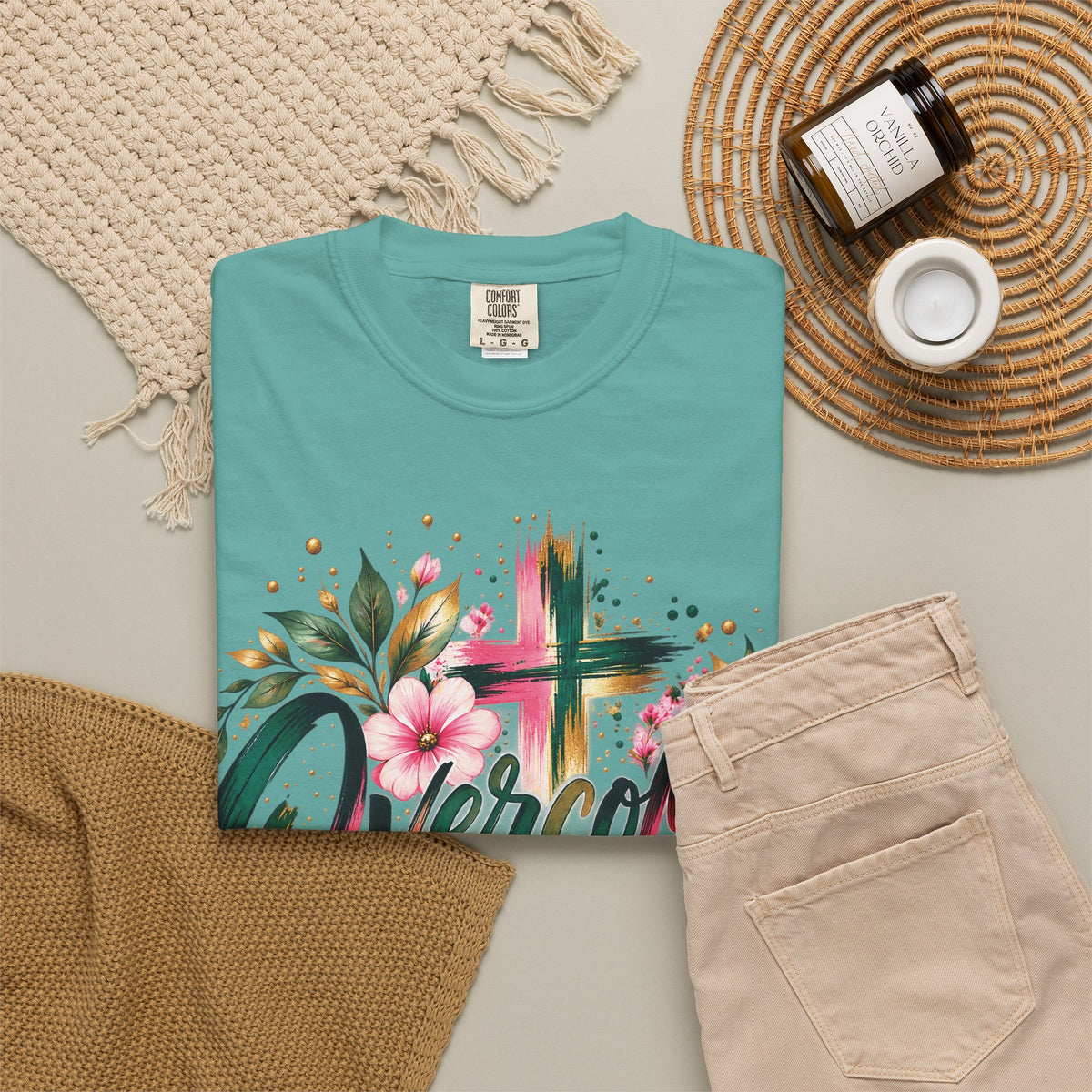 Overcomer Christian T-Shirt | Faith-Based Floral Cross Tee | Pray & Bloom