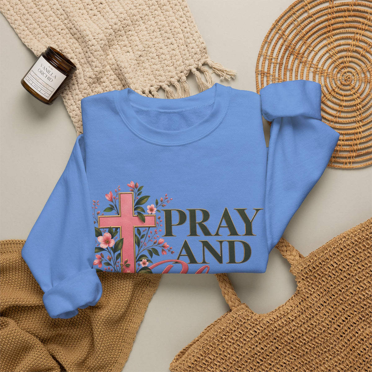 Pray & Bloom Christian Sweatshirt | Floral Cross Faith Crewneck | Growing Faith, Blooming Purpose