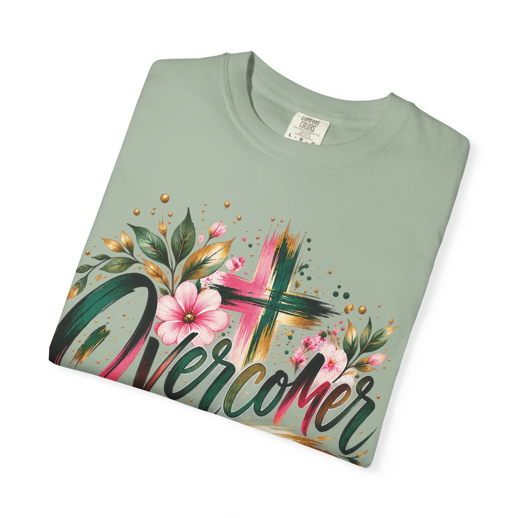 Overcomer Christian T-Shirt | Faith-Based Floral Cross Tee | Pray & Bloom