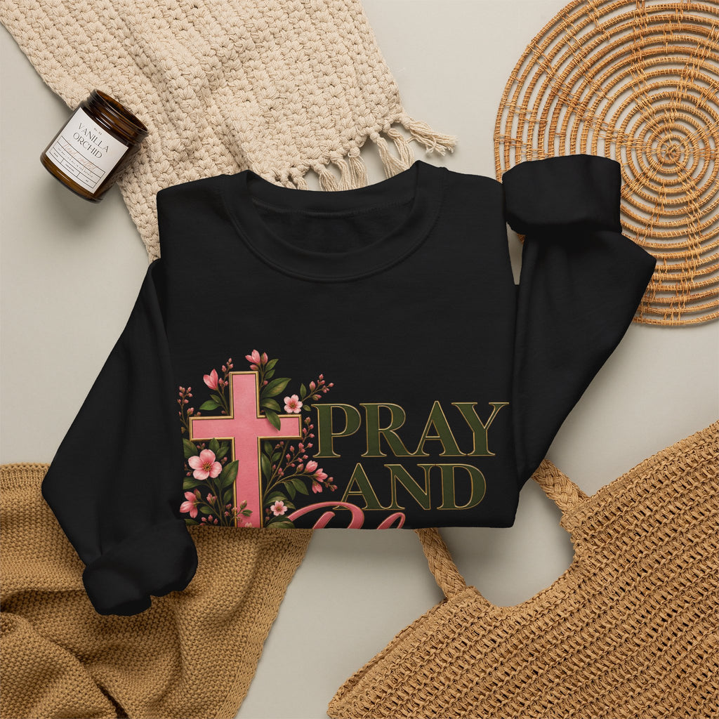 Pray & Bloom Christian Sweatshirt | Floral Cross Faith Crewneck | Growing Faith, Blooming Purpose