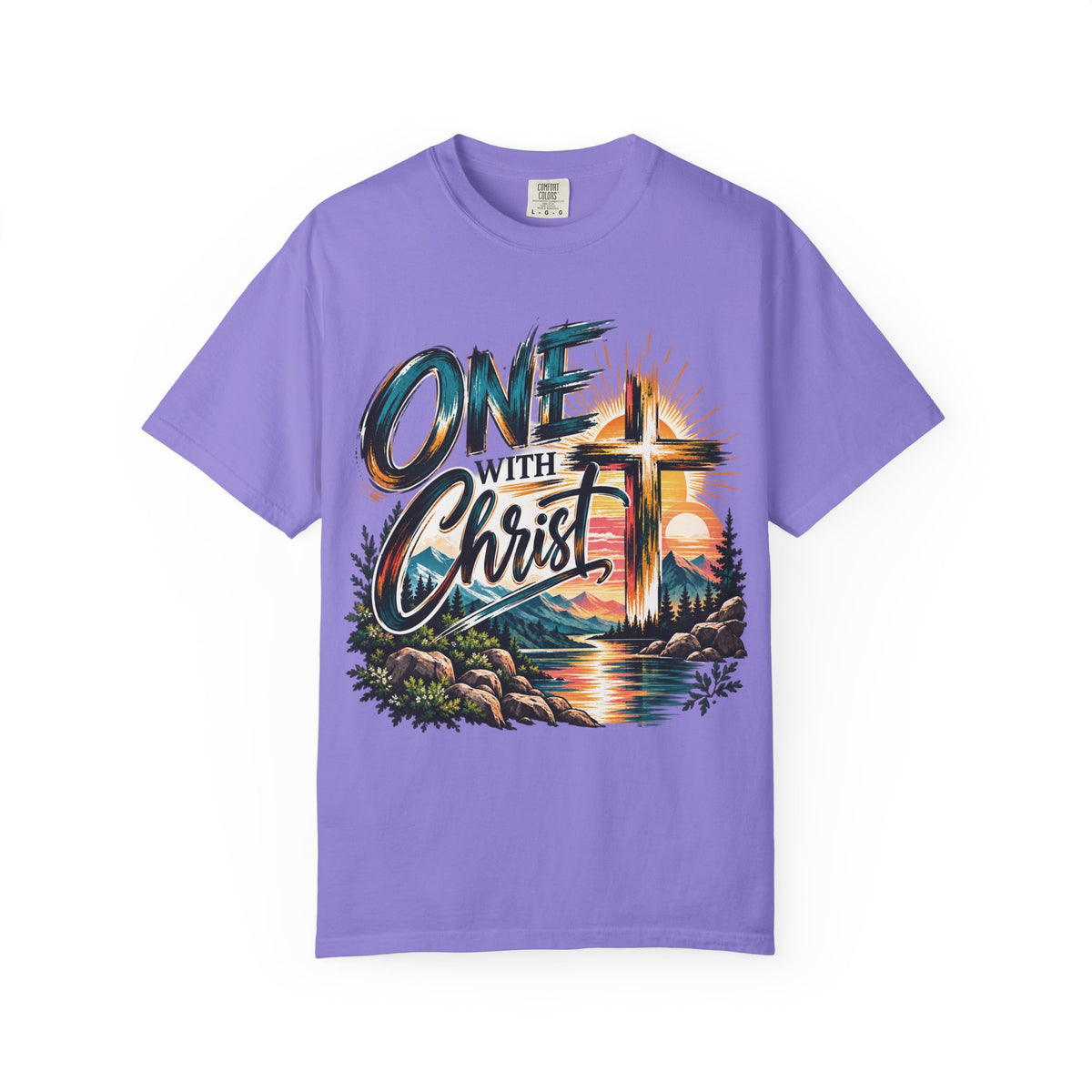One With Christ Christian T-Shirt | Colorful Cross & Mountain Faith Tee | Pray & Bloom