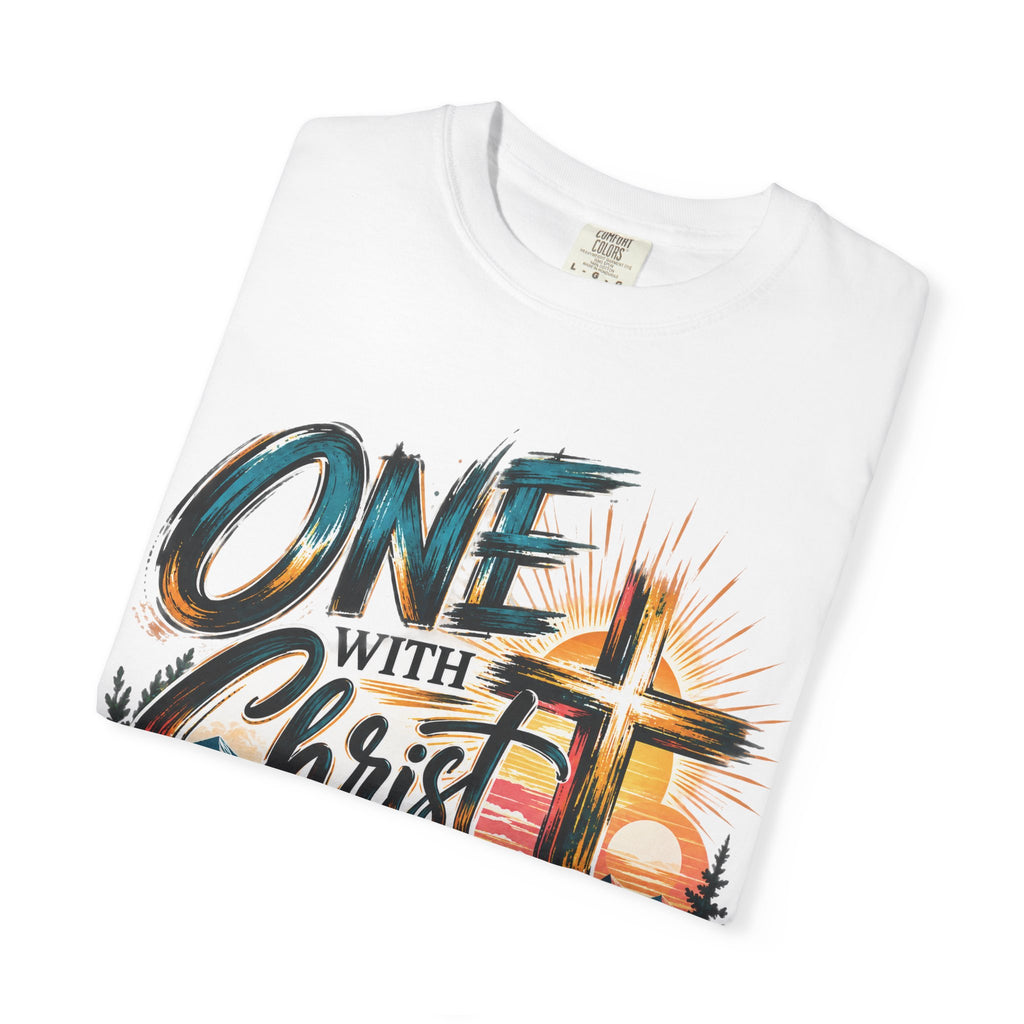 One With Christ Christian T-Shirt | Colorful Cross & Mountain Faith Tee | Pray & Bloom