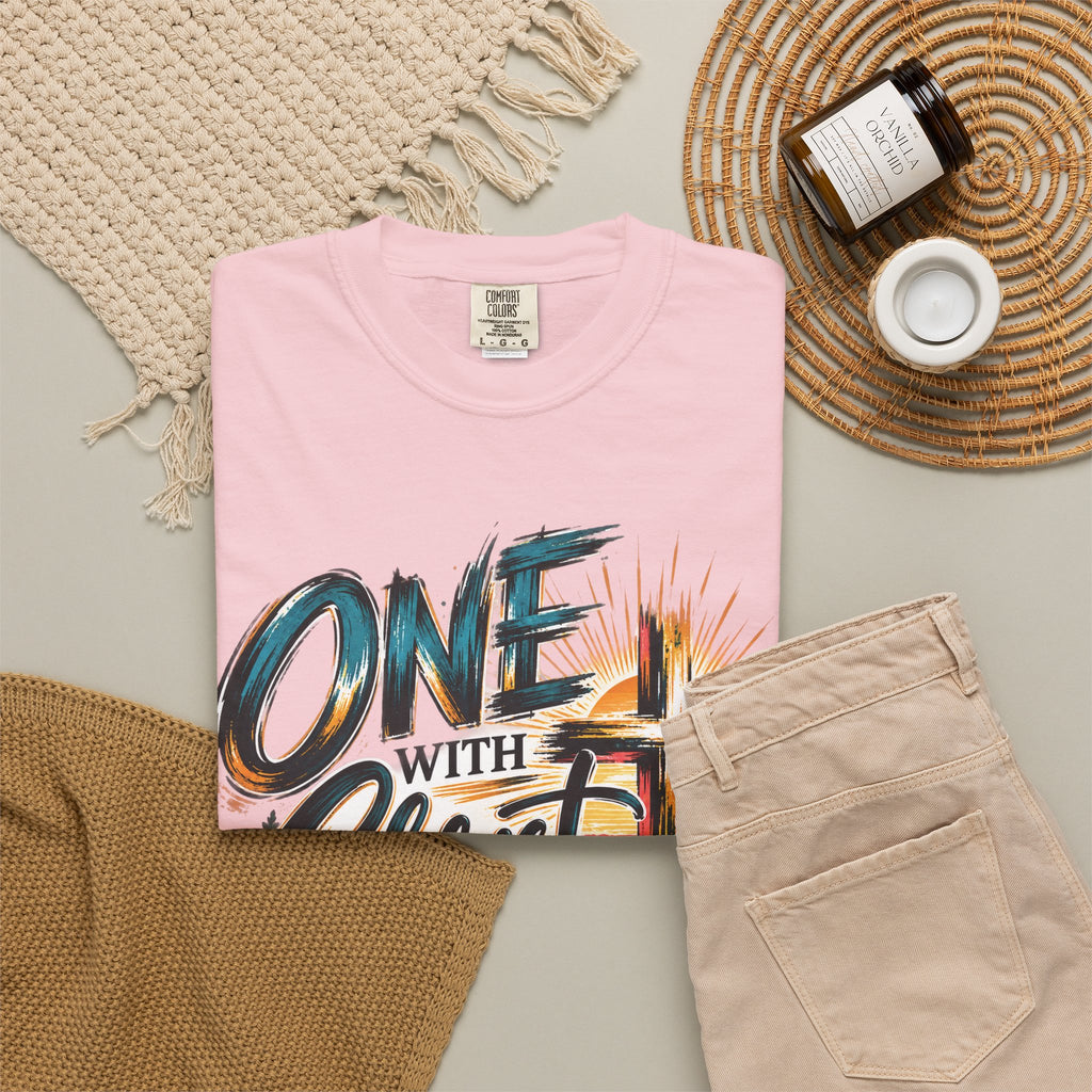 One With Christ Christian T-Shirt | Colorful Cross & Mountain Faith Tee | Pray & Bloom