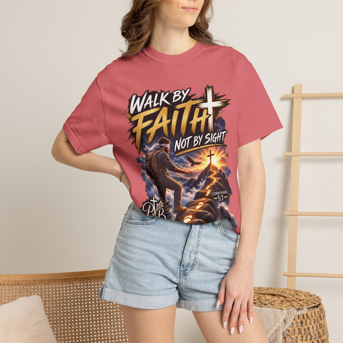 Walk by Faith Not by Sight Christian T-Shirt | 2 Corinthians 5:7 | Pray & Bloom
