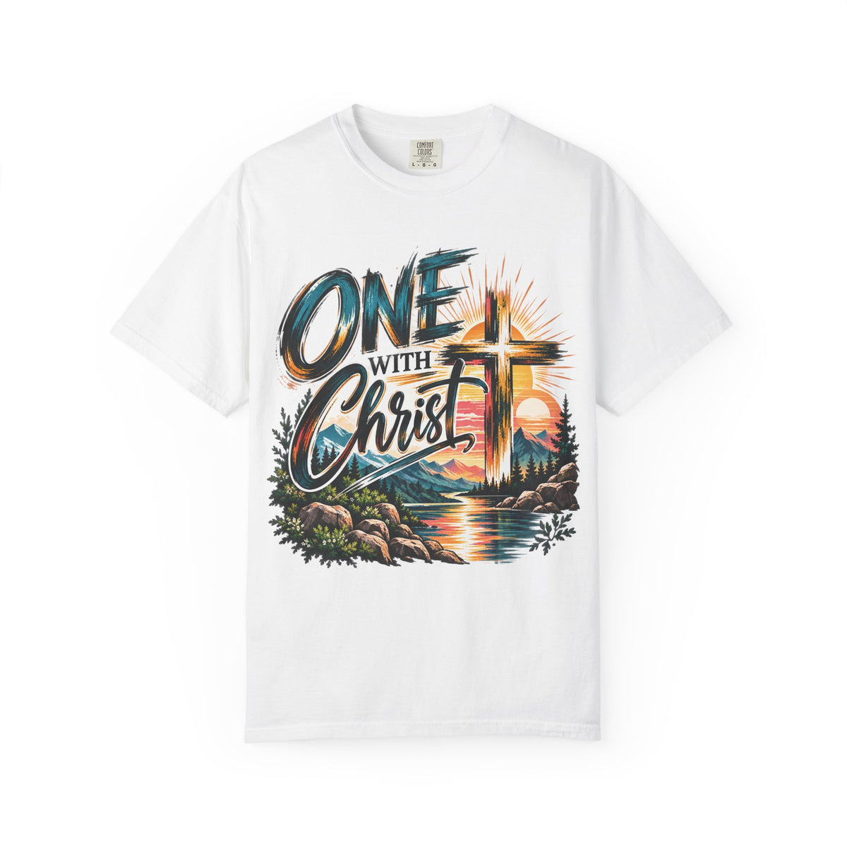 One With Christ Christian T-Shirt | Colorful Cross & Mountain Faith Tee | Pray & Bloom