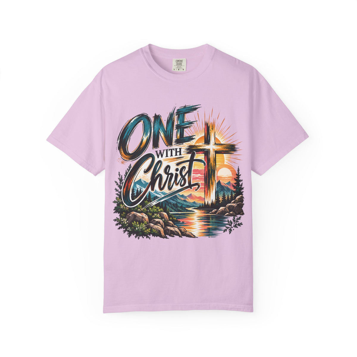 One With Christ Christian T-Shirt | Colorful Cross & Mountain Faith Tee | Pray & Bloom