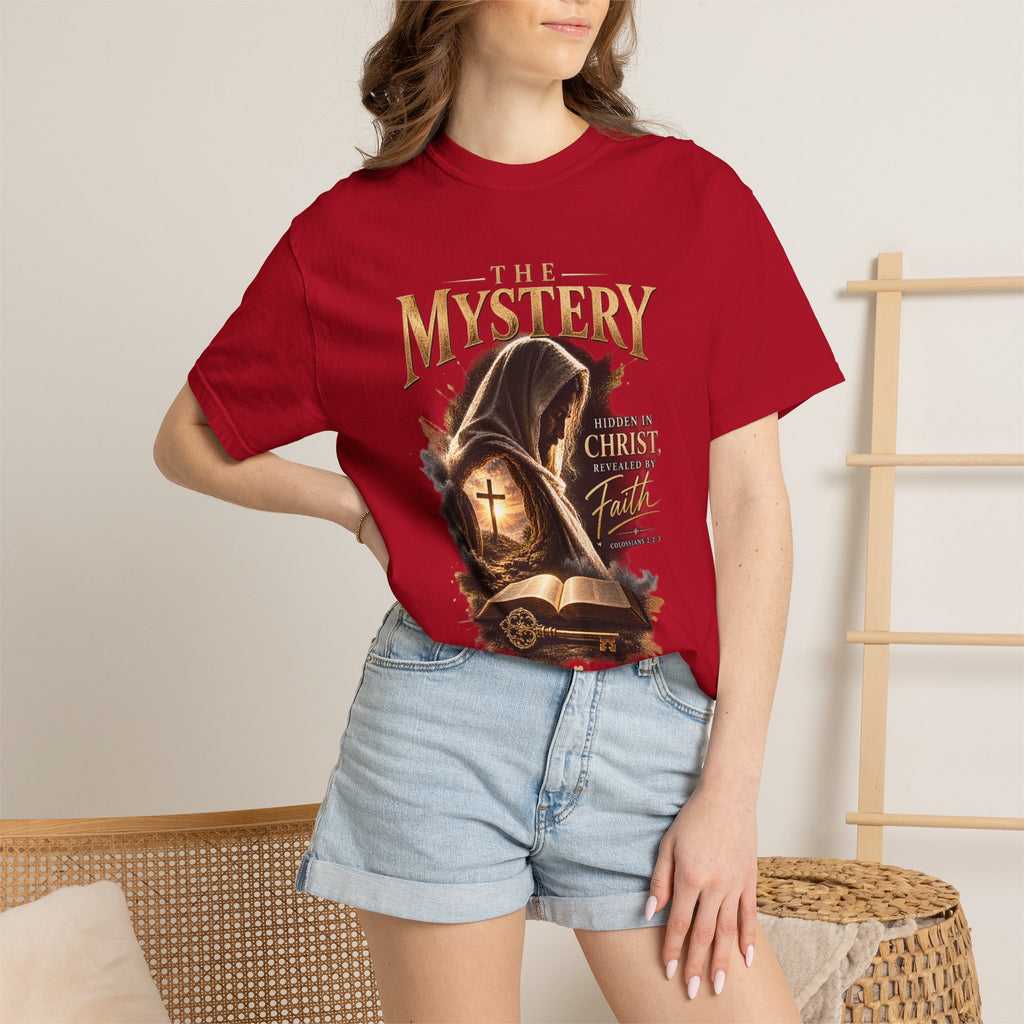 The Mystery - Hidden in Christ Revealed by Faith | Colossians 2:2-3 Christian T- Shirt | Pray & Bloom
