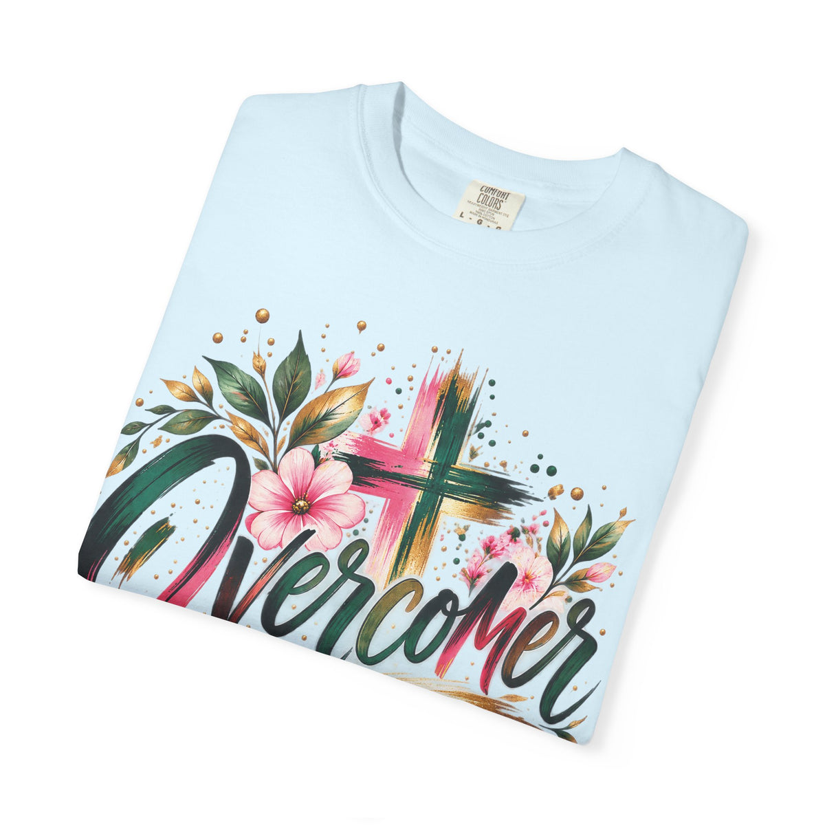 Overcomer Christian T-Shirt | Faith-Based Floral Cross Tee | Pray & Bloom