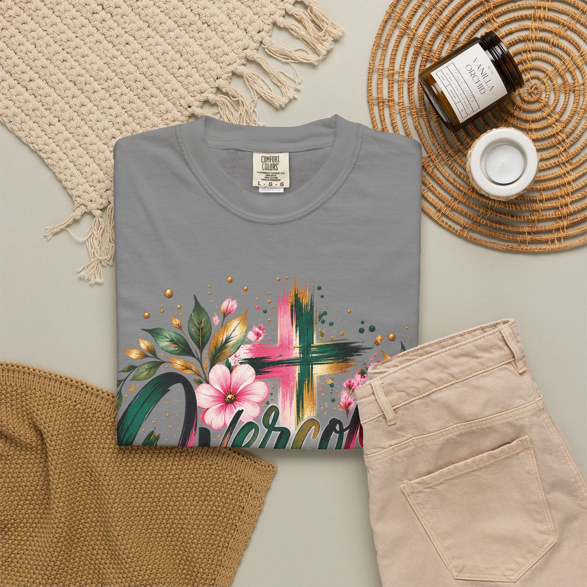 Overcomer Christian T-Shirt | Faith-Based Floral Cross Tee | Pray & Bloom