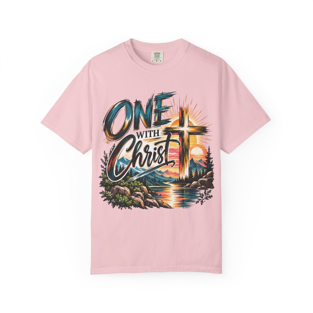One With Christ Christian T-Shirt | Colorful Cross & Mountain Faith Tee | Pray & Bloom