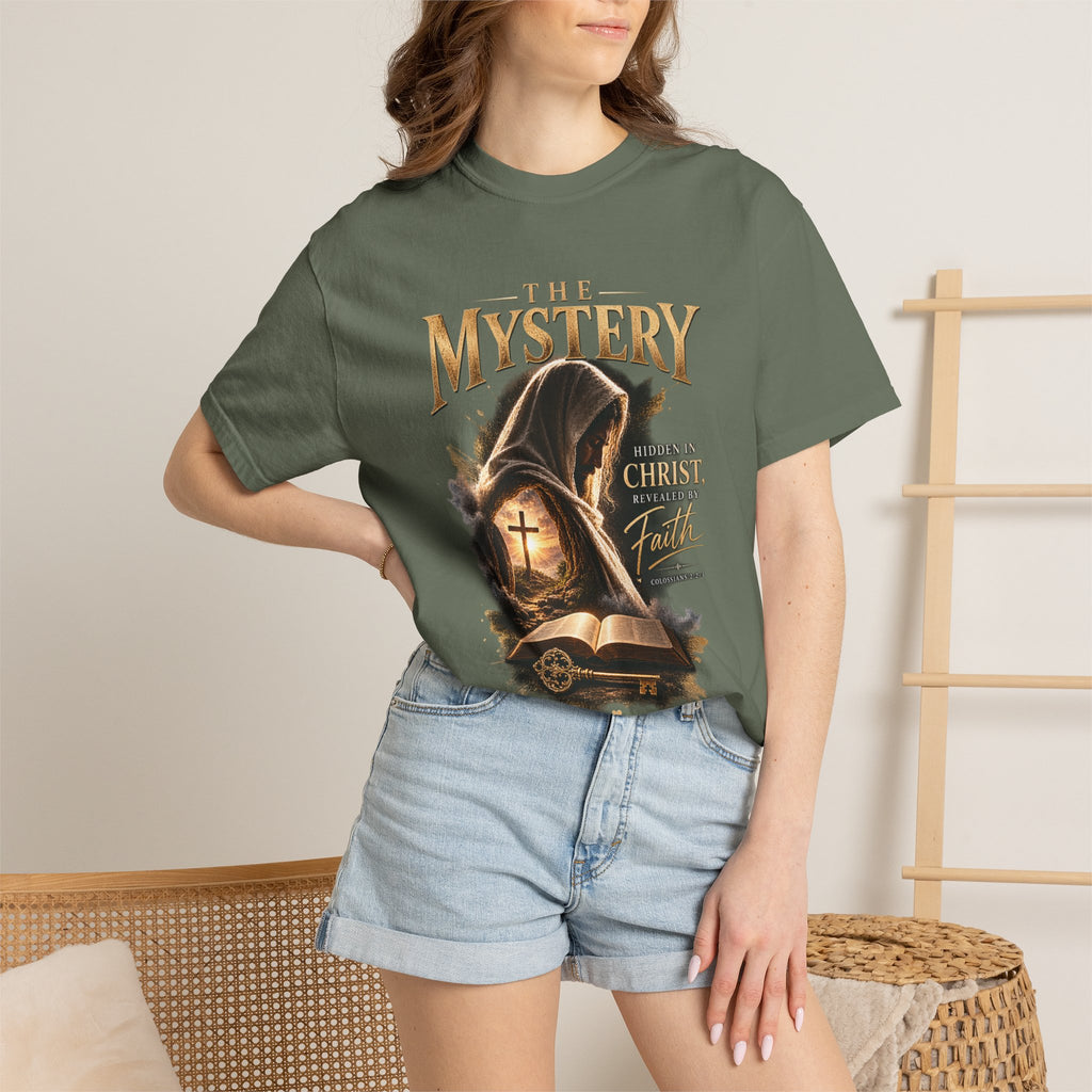 The Mystery - Hidden in Christ Revealed by Faith | Colossians 2:2-3 Christian T- Shirt | Pray & Bloom