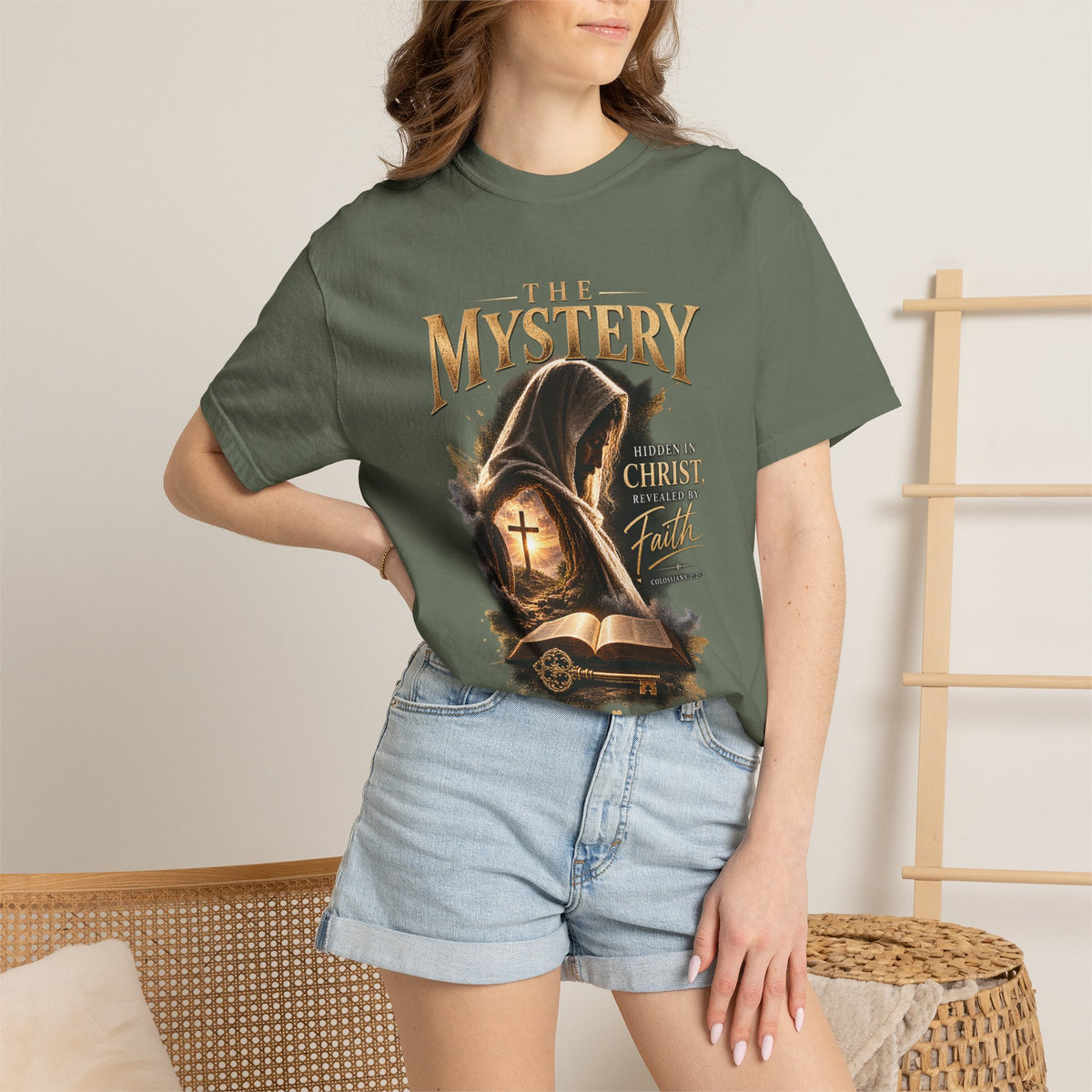 The Mystery - Hidden in Christ Revealed by Faith | Colossians 2:2-3 Christian T- Shirt | Pray & Bloom