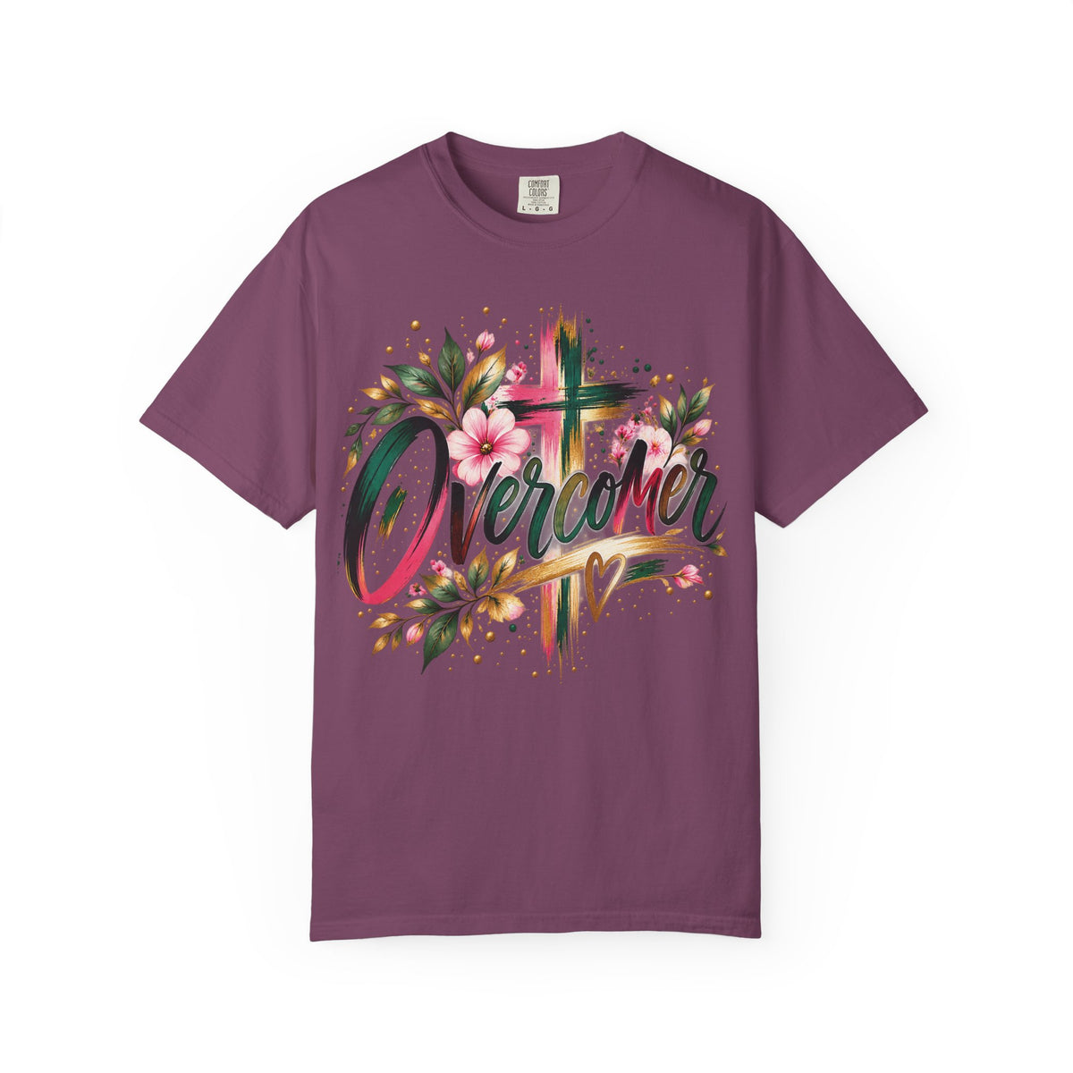 Overcomer Christian T-Shirt | Faith-Based Floral Cross Tee | Pray & Bloom