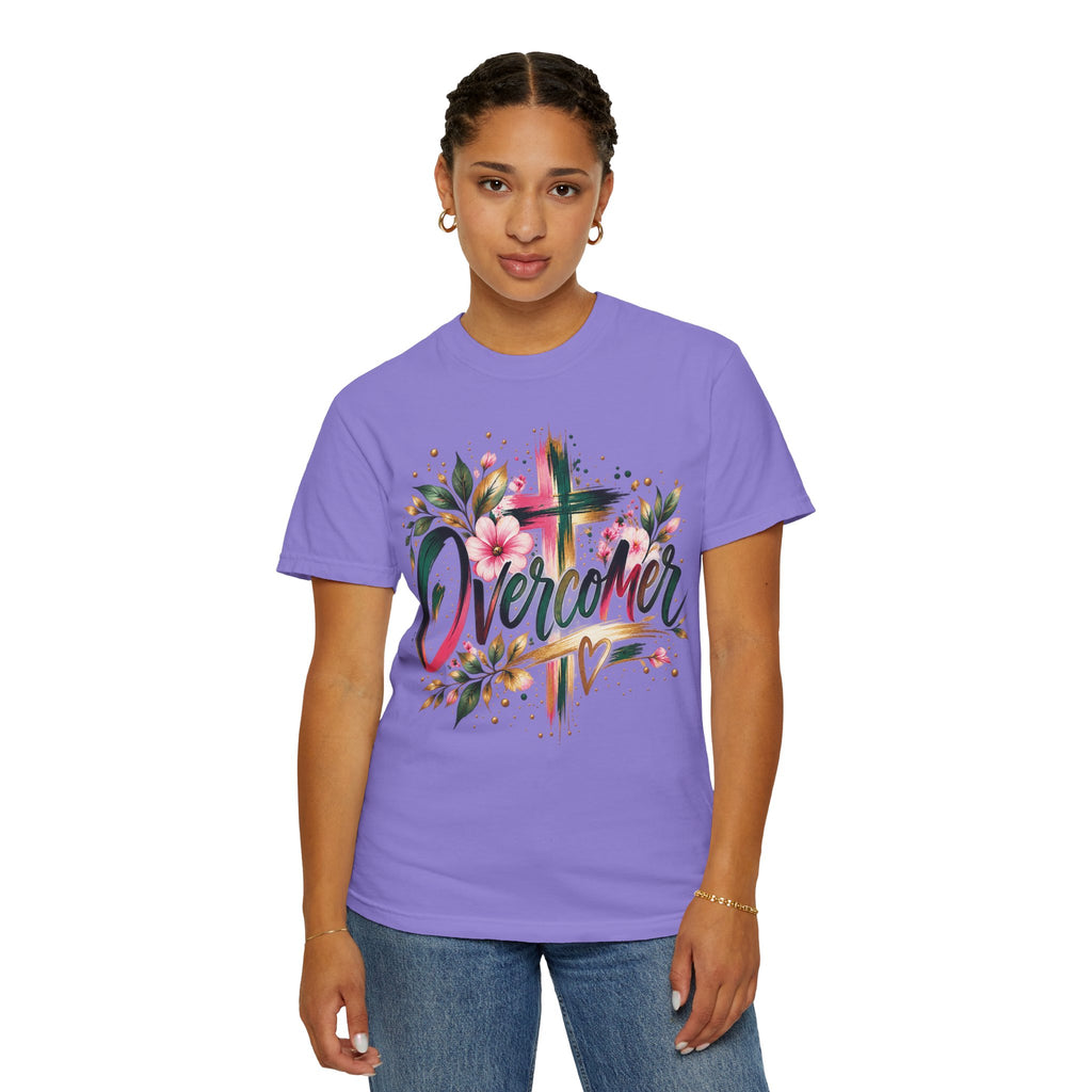 Overcomer Christian T-Shirt | Faith-Based Floral Cross Tee | Pray & Bloom