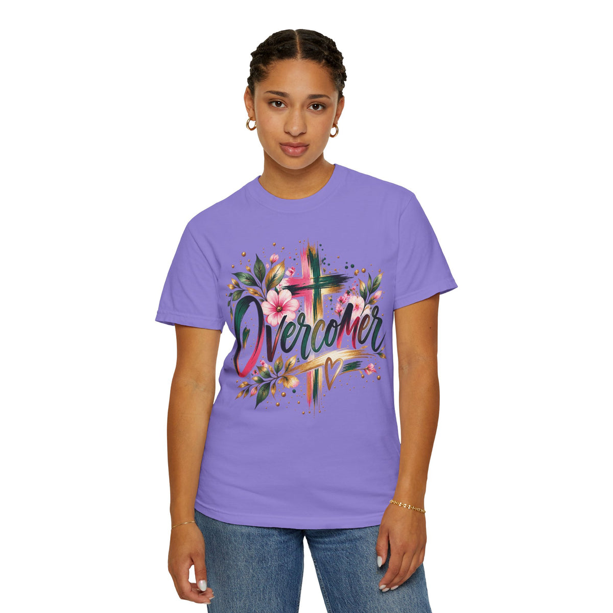 Overcomer Christian T-Shirt | Faith-Based Floral Cross Tee | Pray & Bloom