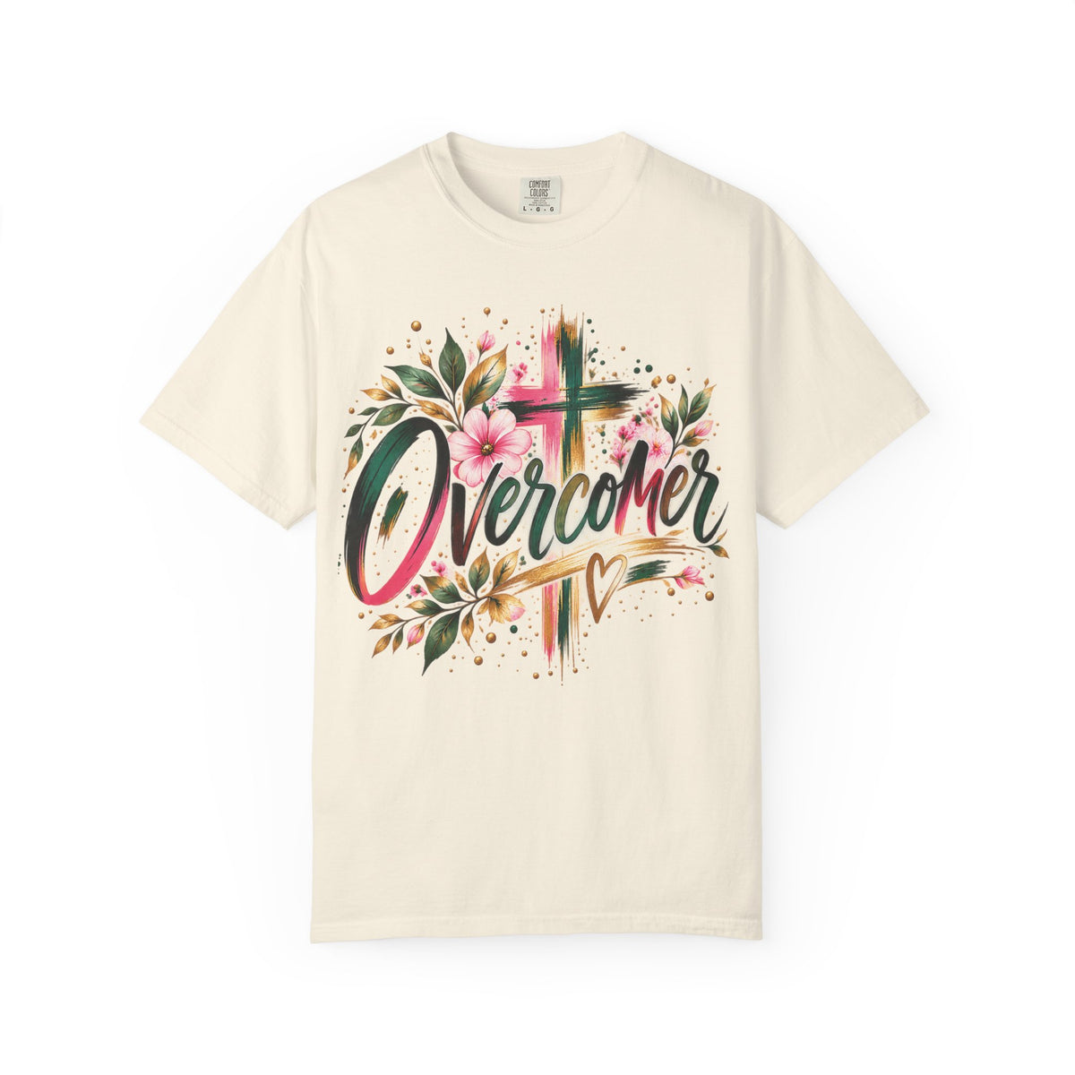 Overcomer Christian T-Shirt | Faith-Based Floral Cross Tee | Pray & Bloom