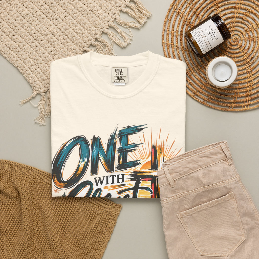 One With Christ Christian T-Shirt | Colorful Cross & Mountain Faith Tee | Pray & Bloom
