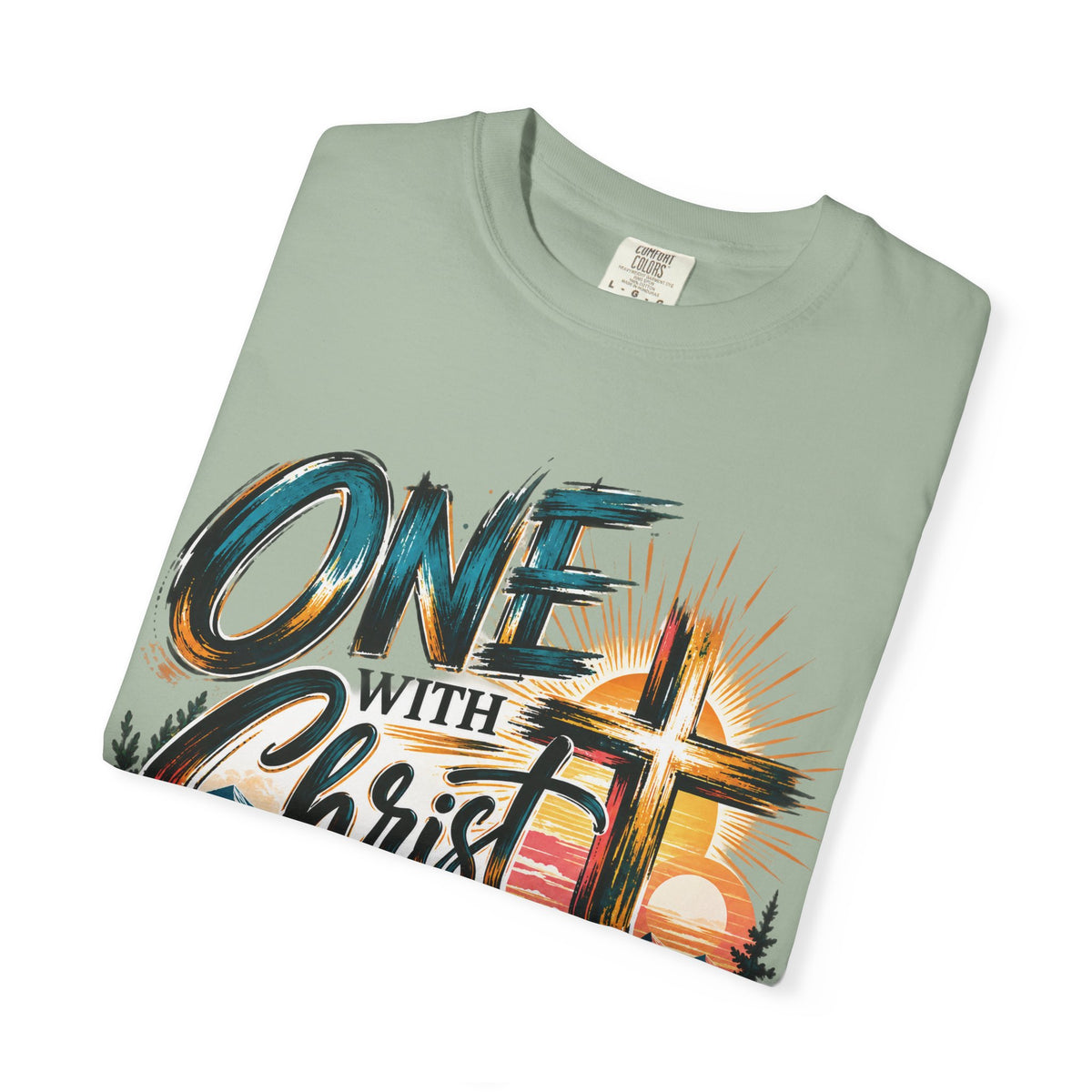 One With Christ Christian T-Shirt | Colorful Cross & Mountain Faith Tee | Pray & Bloom
