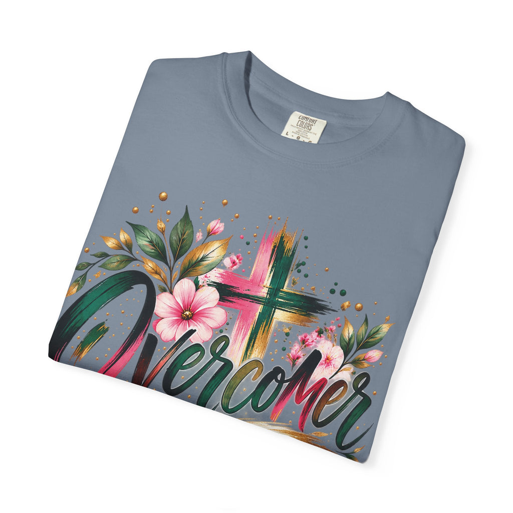Overcomer Christian T-Shirt | Faith-Based Floral Cross Tee | Pray & Bloom