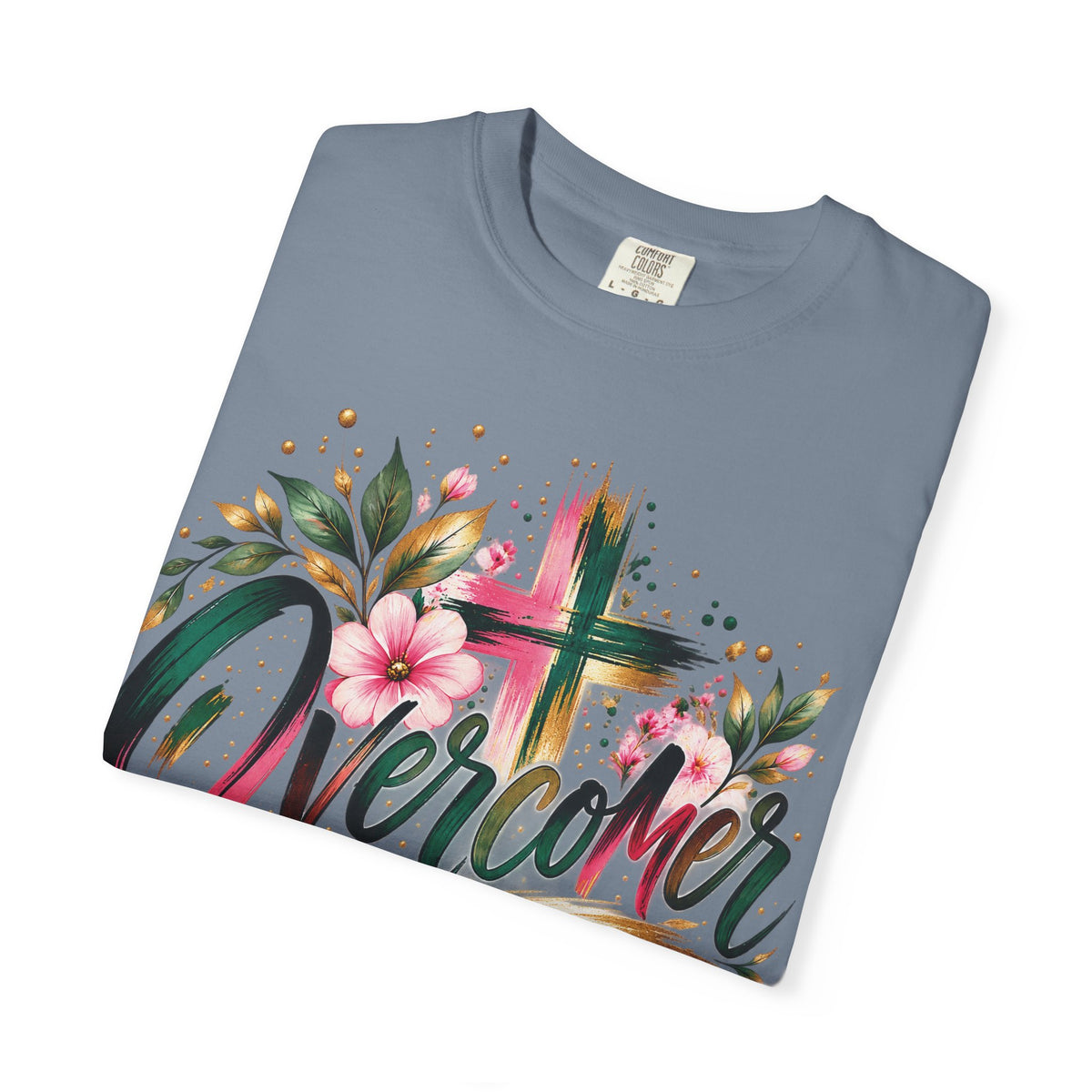 Overcomer Christian T-Shirt | Faith-Based Floral Cross Tee | Pray & Bloom