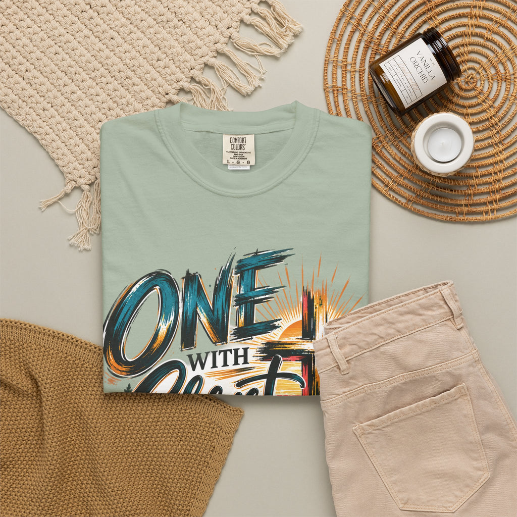 One With Christ Christian T-Shirt | Colorful Cross & Mountain Faith Tee | Pray & Bloom