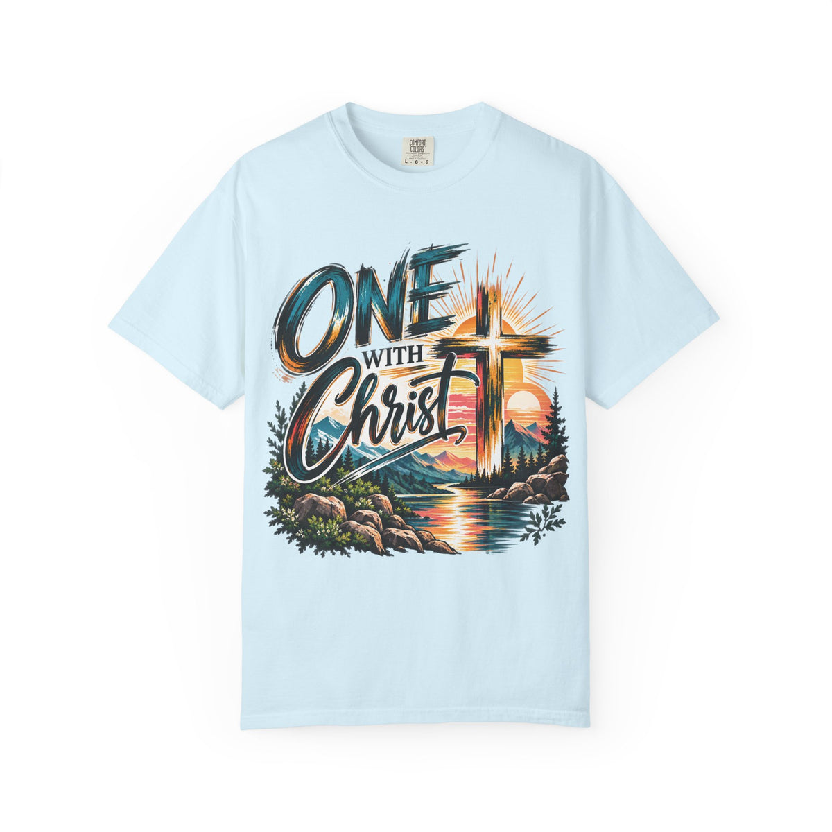 One With Christ Christian T-Shirt | Colorful Cross & Mountain Faith Tee | Pray & Bloom