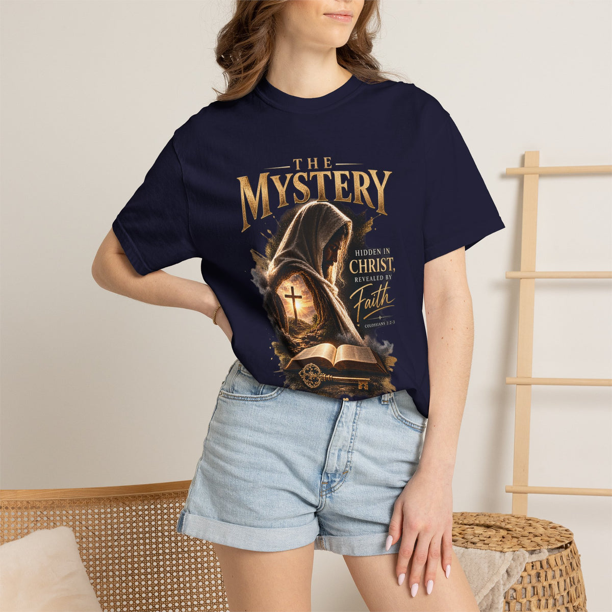 The Mystery - Hidden in Christ Revealed by Faith | Colossians 2:2-3 Christian T- Shirt | Pray & Bloom