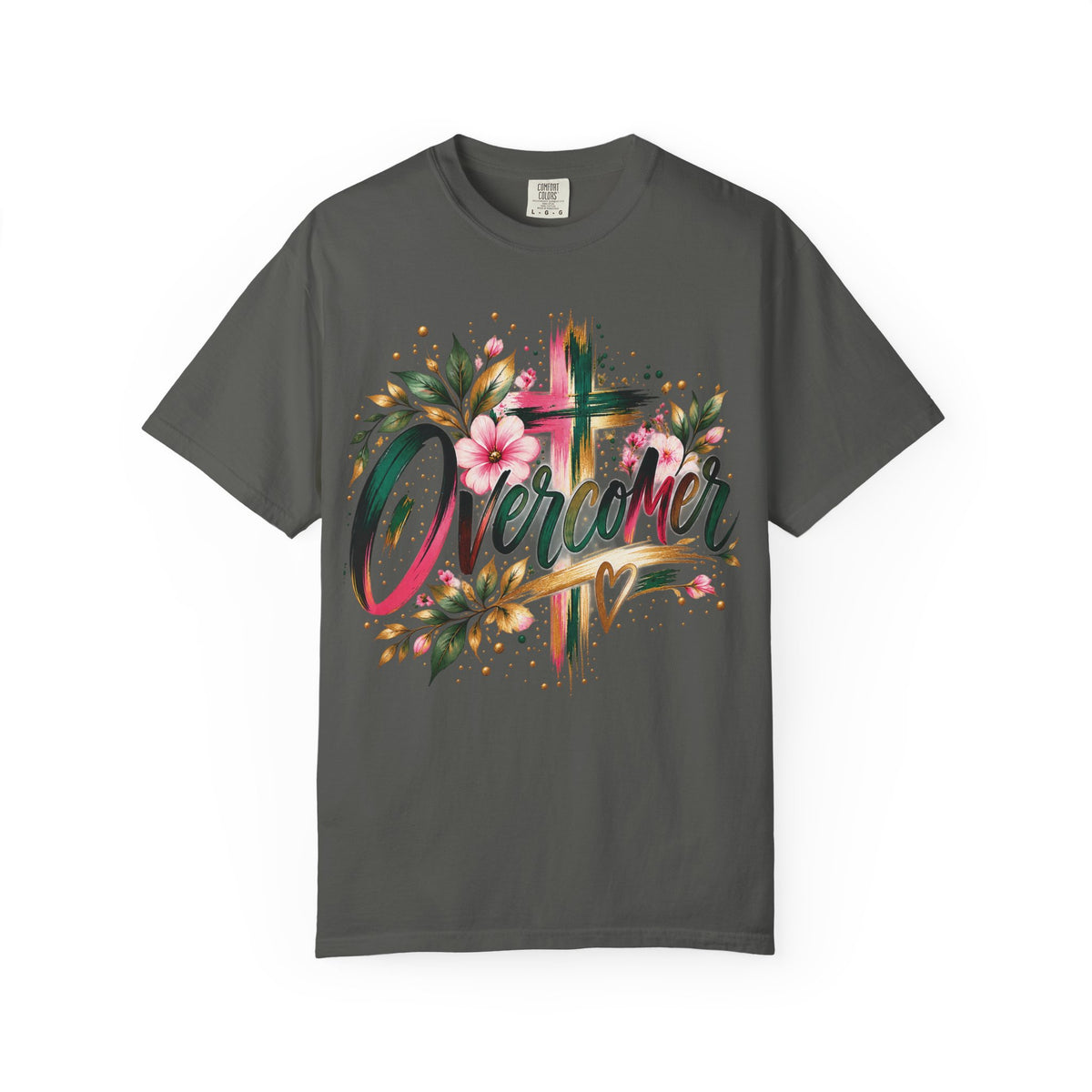 Overcomer Christian T-Shirt | Faith-Based Floral Cross Tee | Pray & Bloom