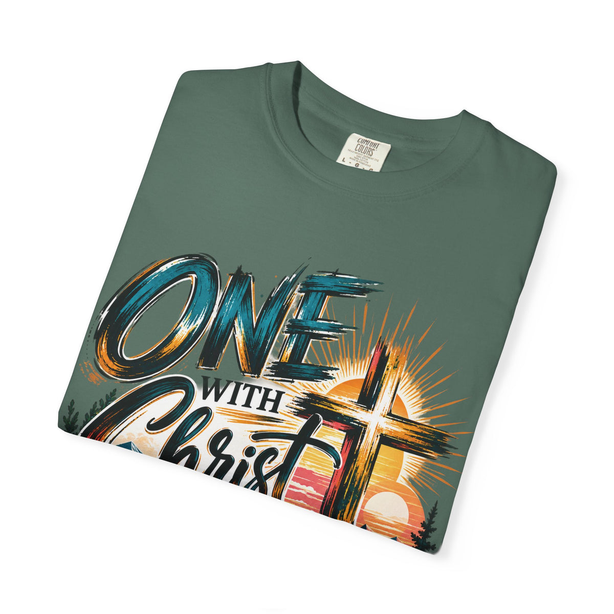 One With Christ Christian T-Shirt | Colorful Cross & Mountain Faith Tee | Pray & Bloom
