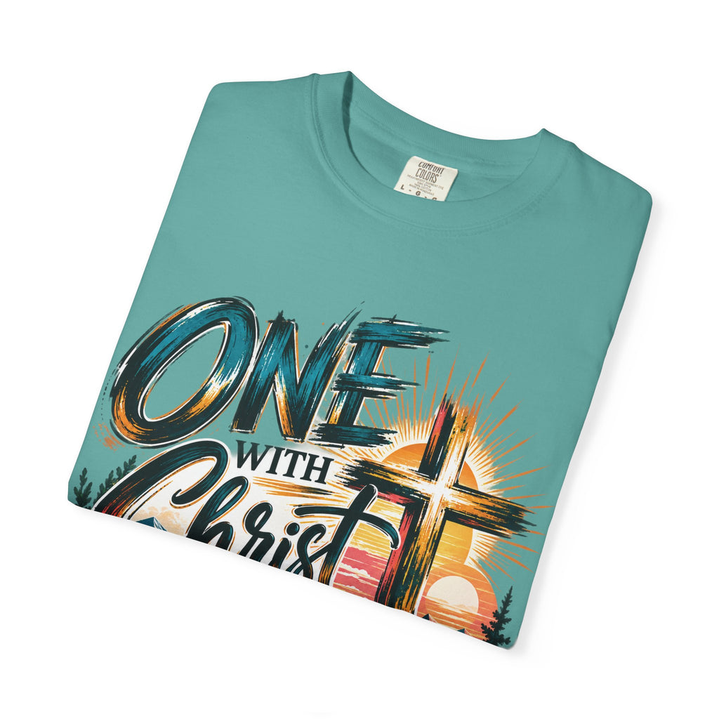 One With Christ Christian T-Shirt | Colorful Cross & Mountain Faith Tee | Pray & Bloom