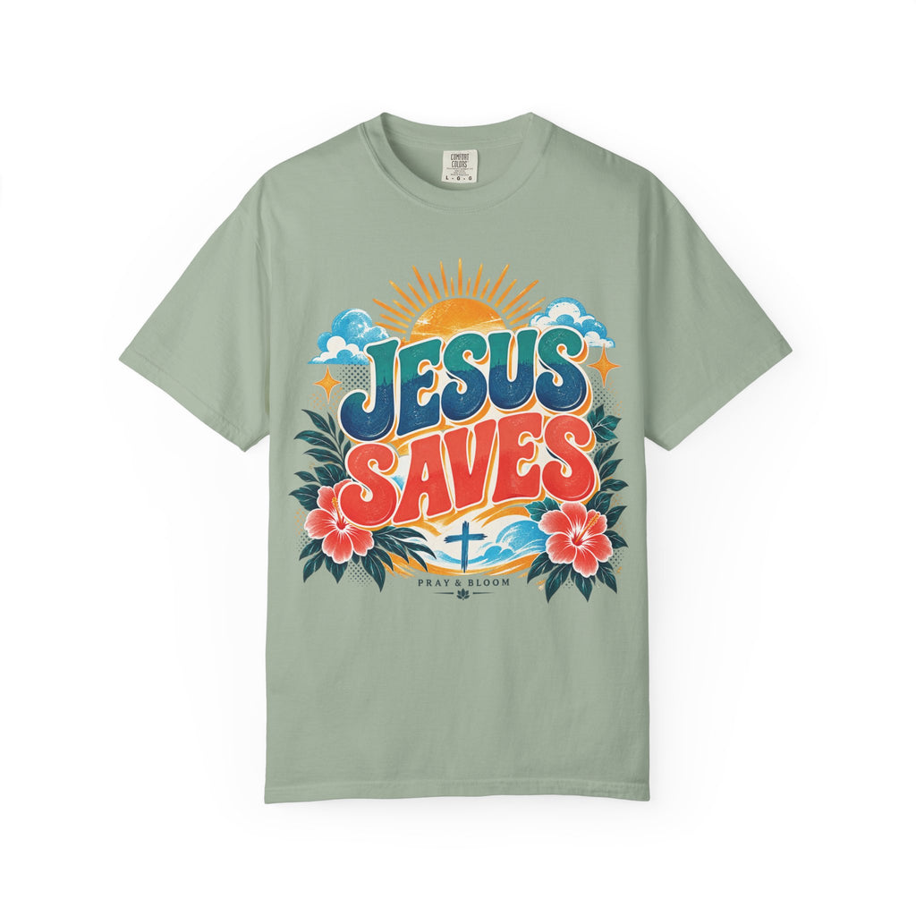 Jesus Saves Christian T-Shirt | Colorful Retro Faith Tee | Pray & Bloom