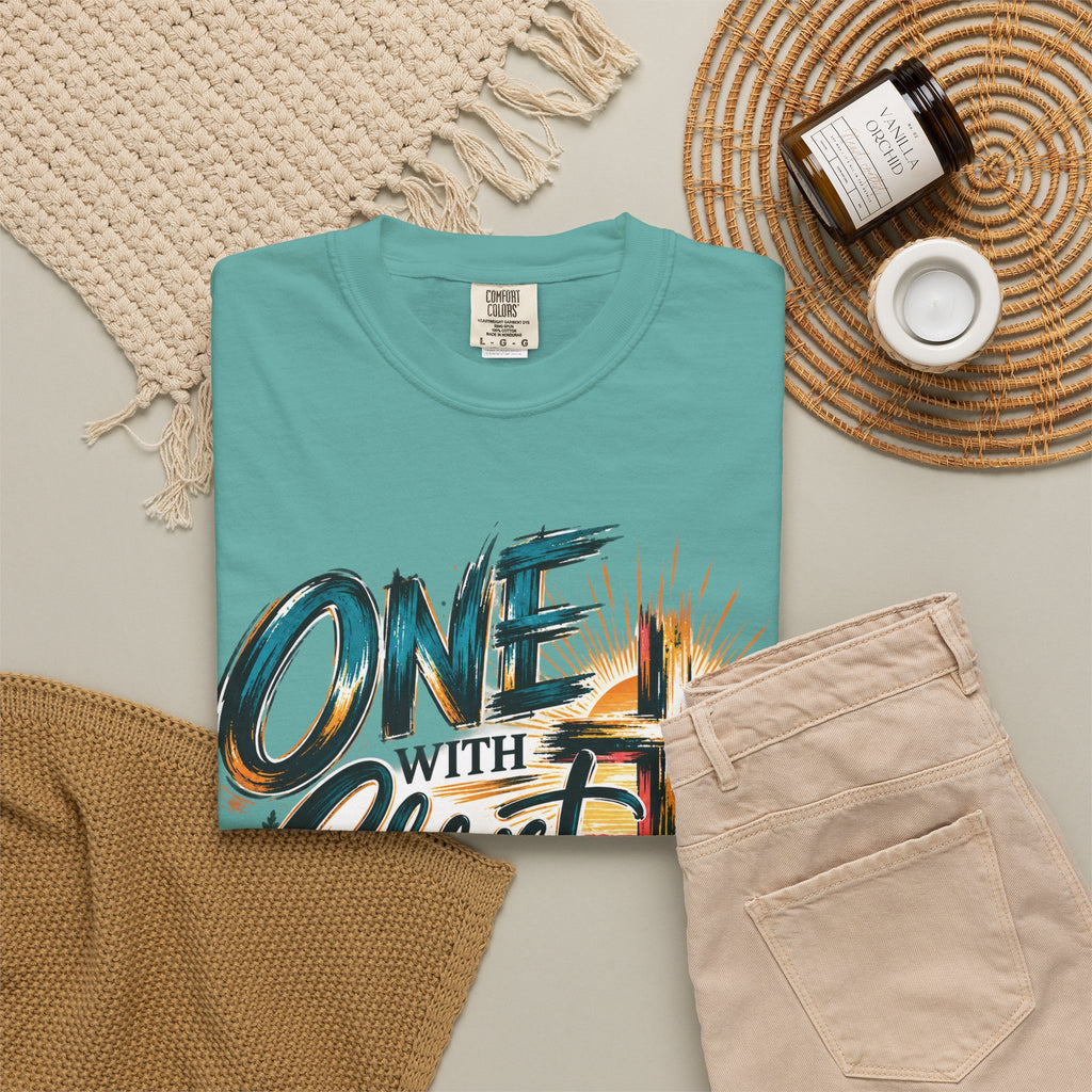 One With Christ Christian T-Shirt | Colorful Cross & Mountain Faith Tee | Pray & Bloom