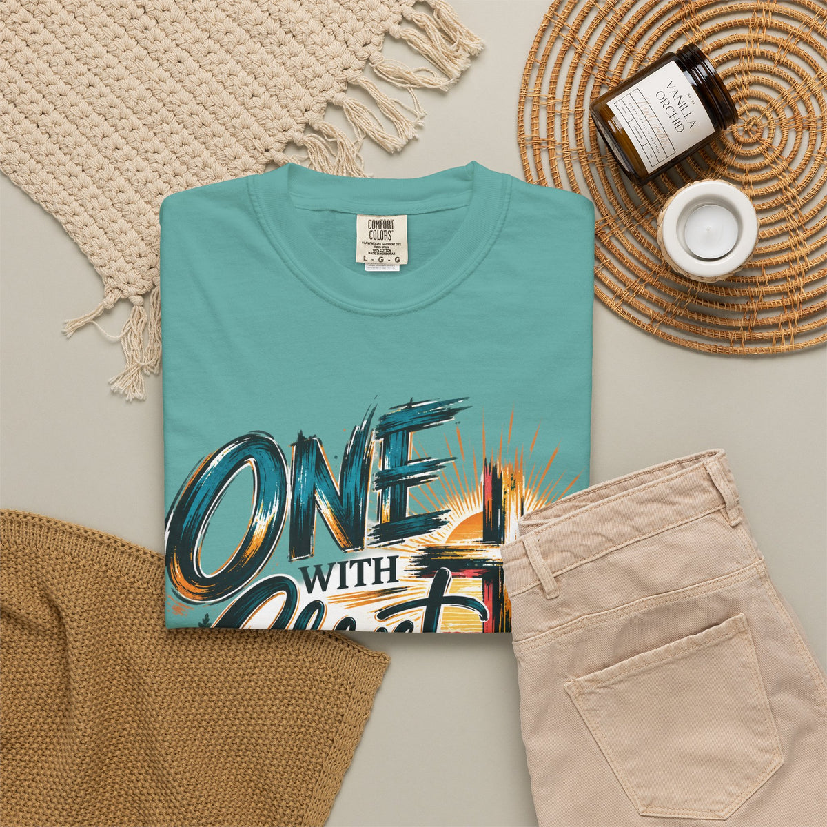 One With Christ Christian T-Shirt | Colorful Cross & Mountain Faith Tee | Pray & Bloom