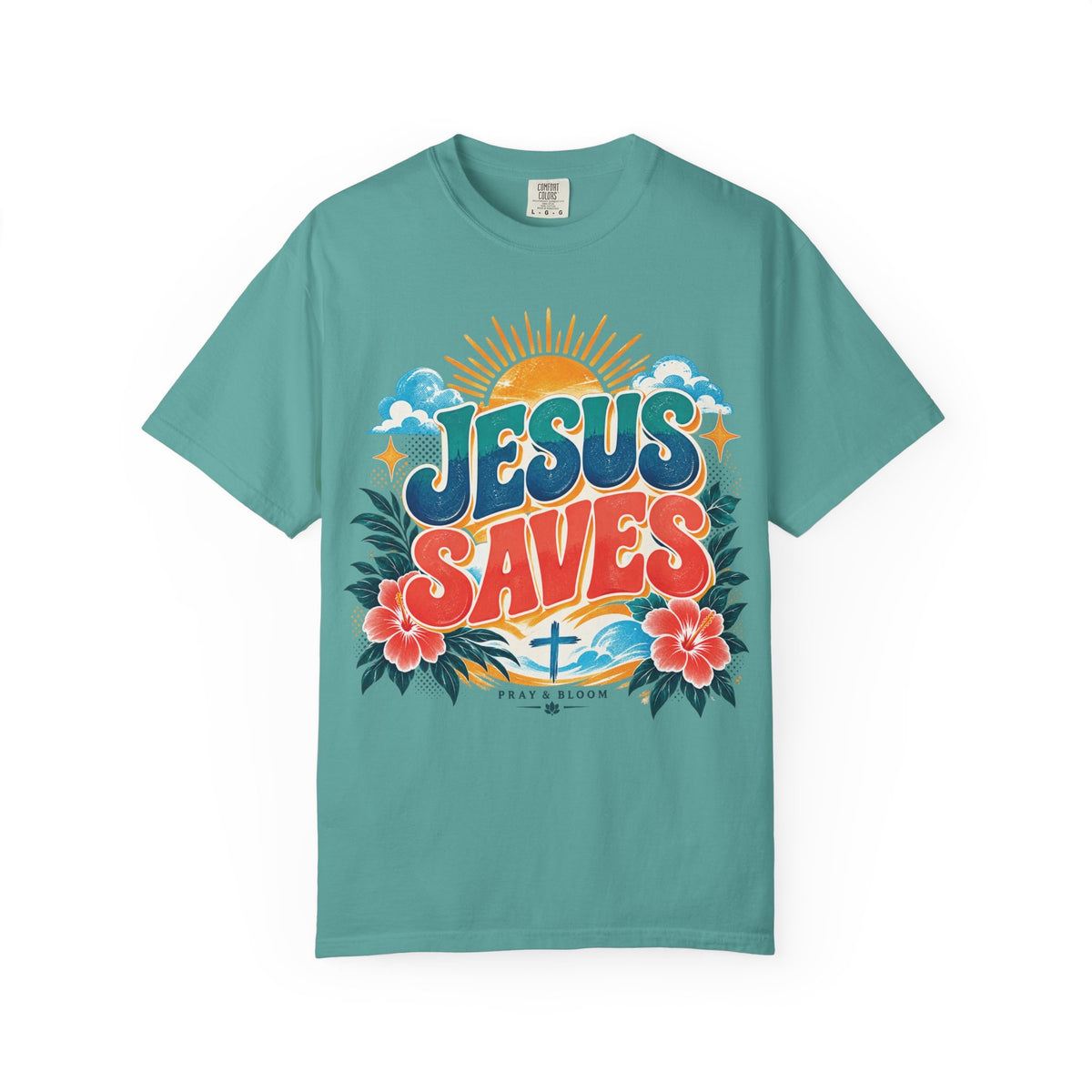 Jesus Saves Christian T-Shirt | Colorful Retro Faith Tee | Pray & Bloom