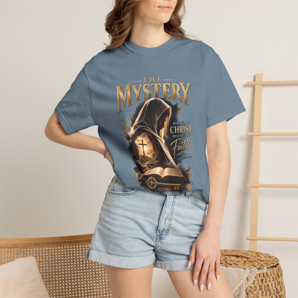 The Mystery - Hidden in Christ Revealed by Faith | Colossians 2:2-3 Christian T- Shirt | Pray & Bloom