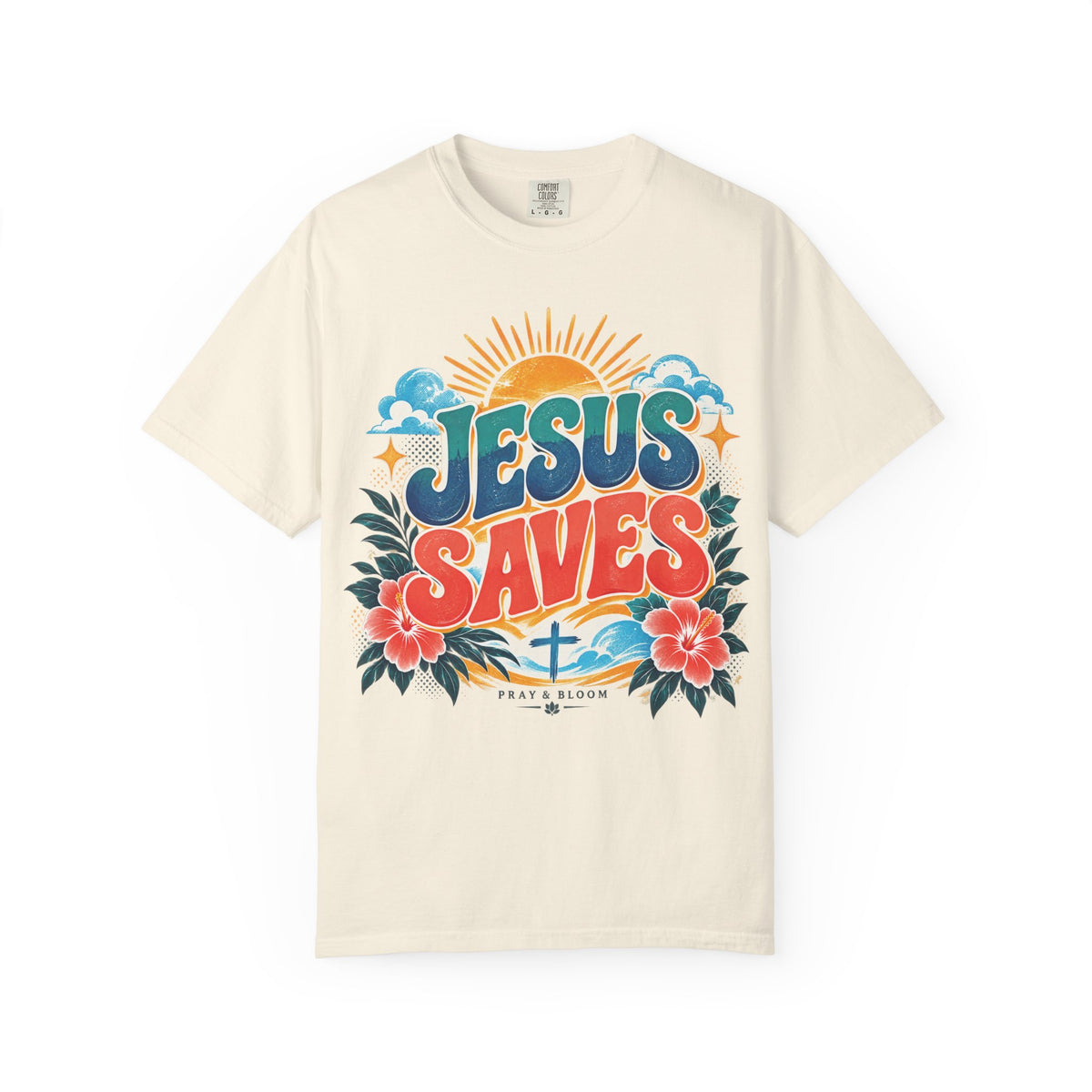 Jesus Saves Christian T-Shirt | Colorful Retro Faith Tee | Pray & Bloom
