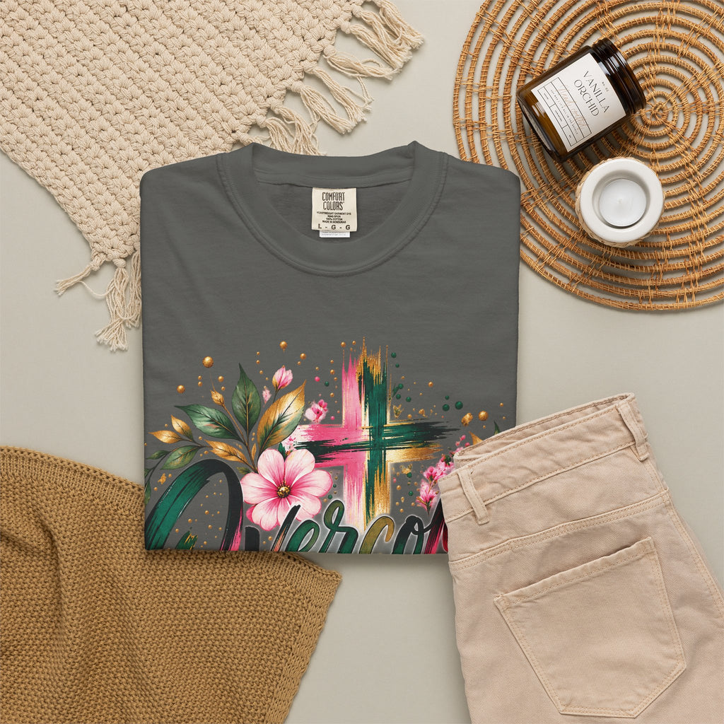 Overcomer Christian T-Shirt | Faith-Based Floral Cross Tee | Pray & Bloom