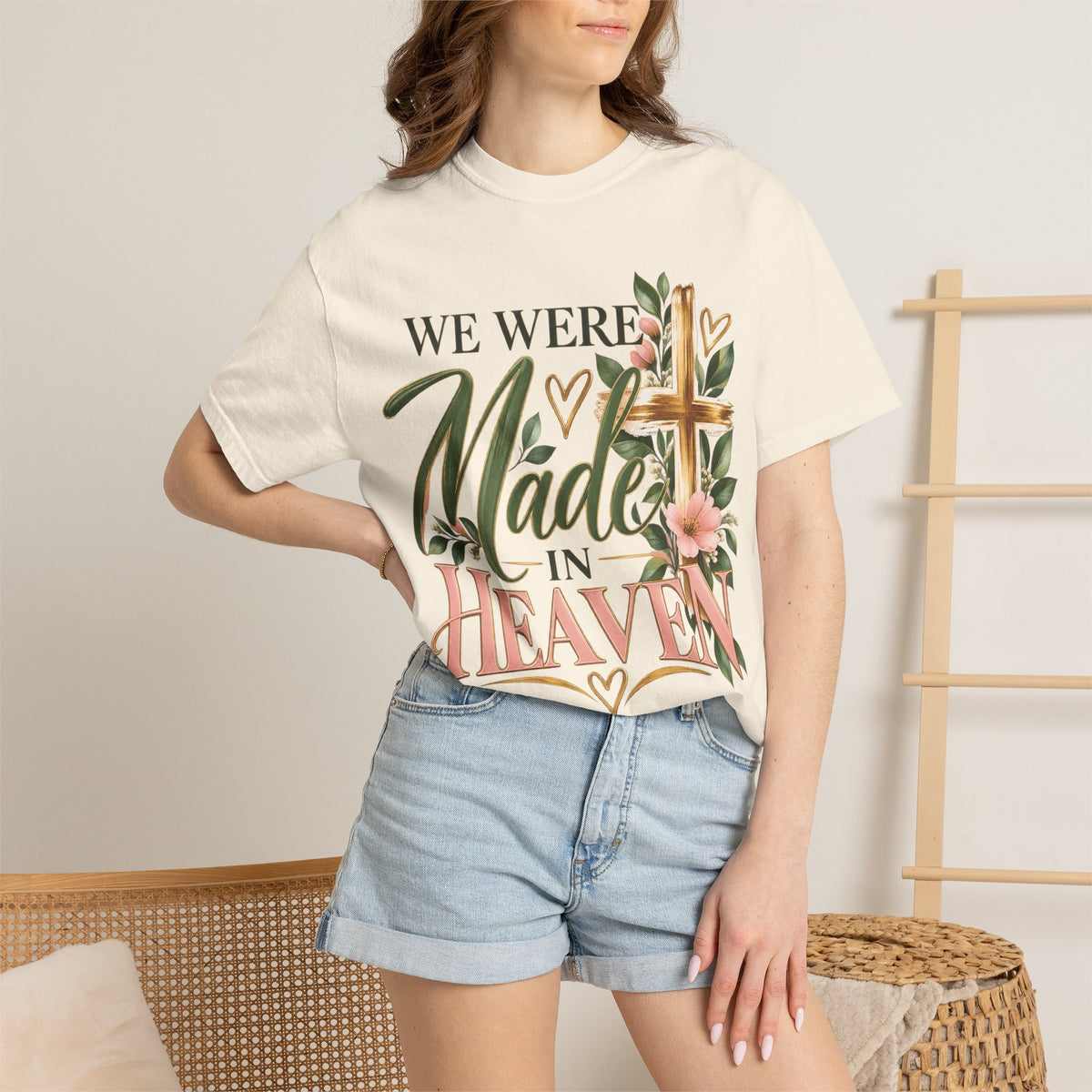 We Were Made in Heaven Christian T-Shirt | Faith-Based Cross & Floral Tee | Pray & Bloom