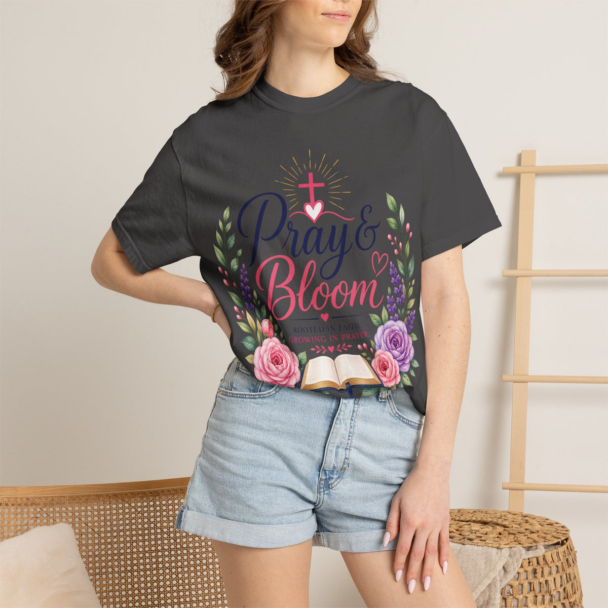 Pray & Bloom Christian Faith T-Shirt-Floral Inspirational Graphic Tee