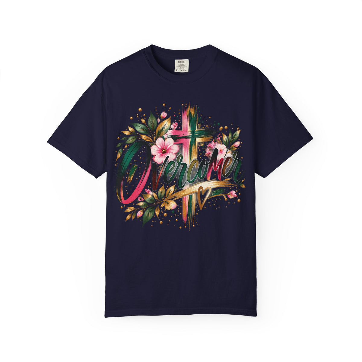 Overcomer Christian T-Shirt | Faith-Based Floral Cross Tee | Pray & Bloom