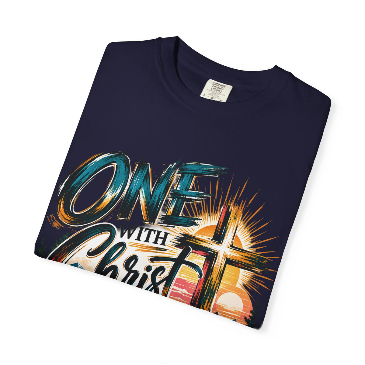 One With Christ Christian T-Shirt | Colorful Cross & Mountain Faith Tee | Pray & Bloom