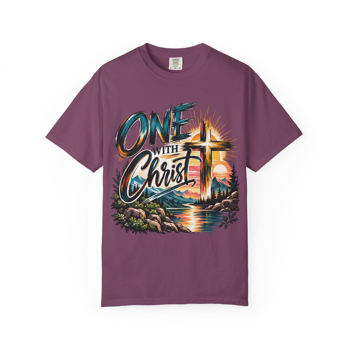 One With Christ Christian T-Shirt | Colorful Cross & Mountain Faith Tee | Pray & Bloom