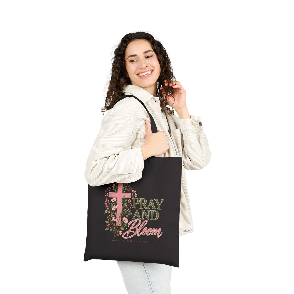 Pray & Bloom Christian Tote Bag | Floral Cross Faith Canvas Bag | Christian Gift
