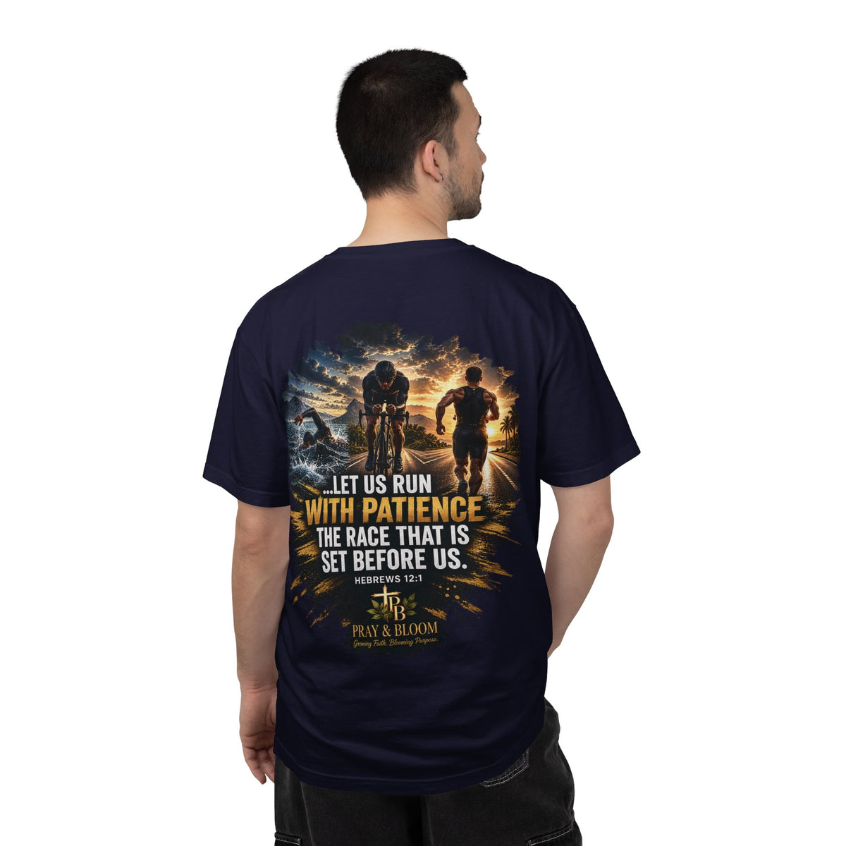 Run With Patience Christian T-Shirt | Hebrews 12:1 Endurance Faith Tee | Pray & Bloom