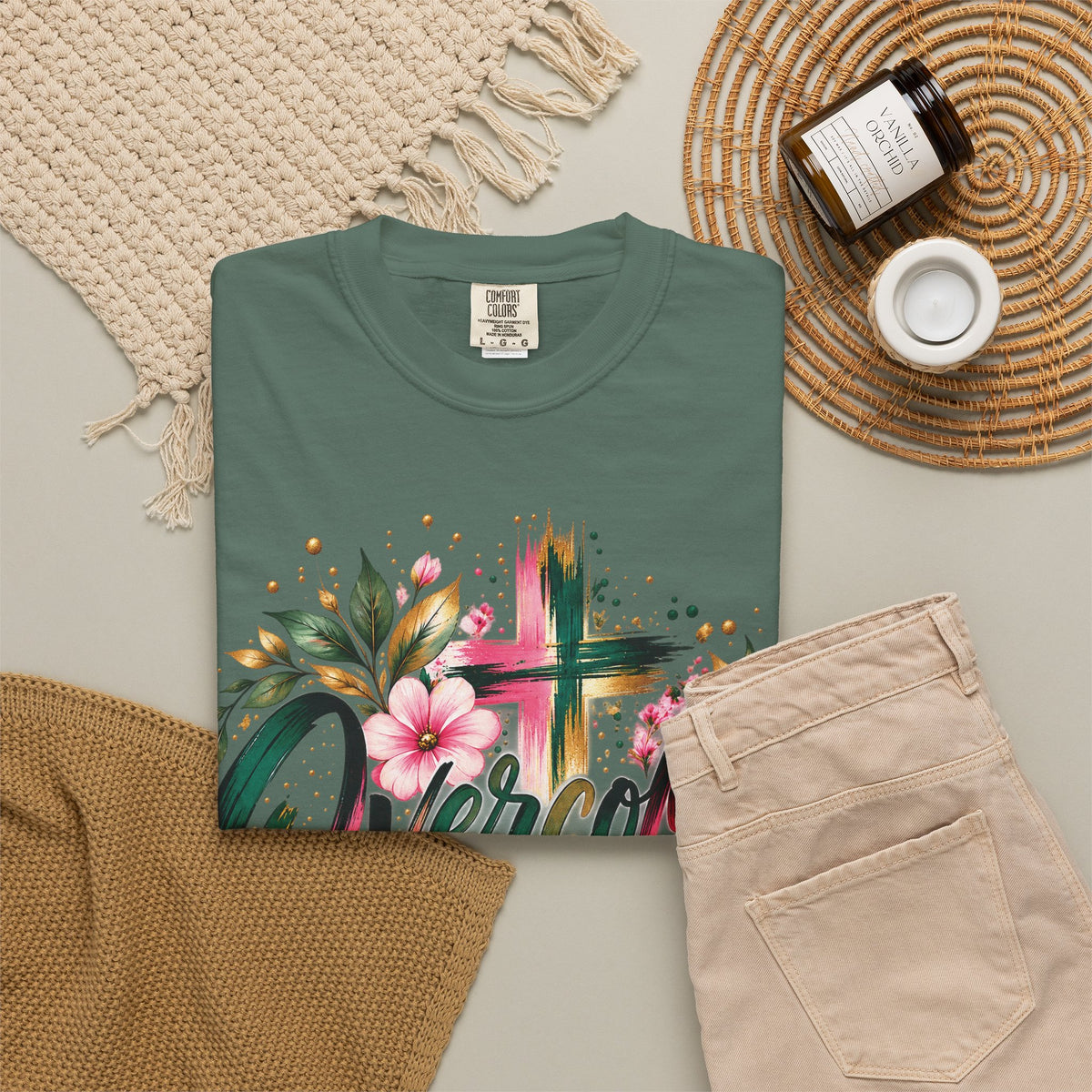 Overcomer Christian T-Shirt | Faith-Based Floral Cross Tee | Pray & Bloom